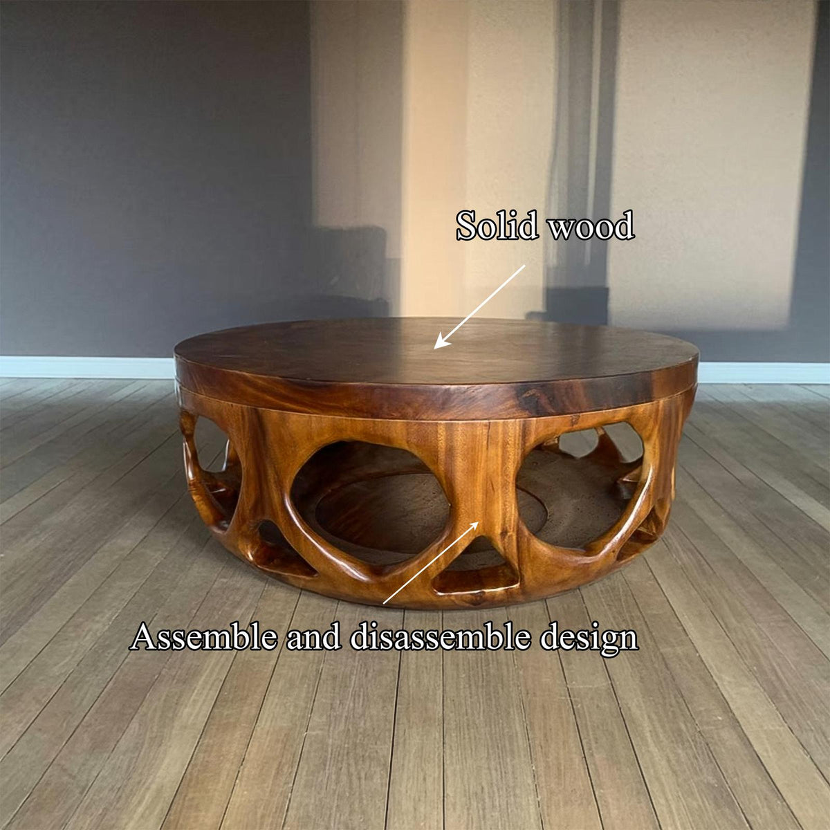Mid Century Wooden Round Coffee Table, Handcrafted Solid Wood Circular Center Table, Modern Living Room Accent Decor