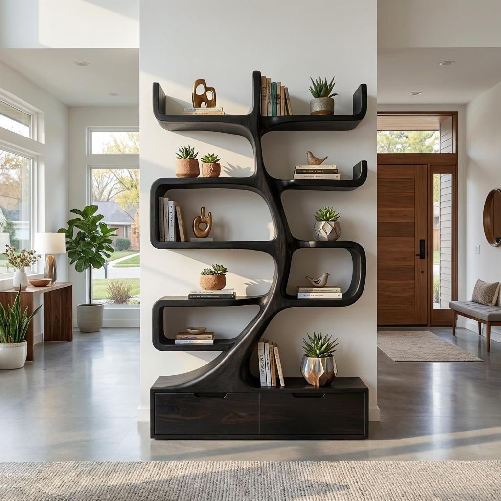 Wooden Bookcase With Tiers And Built-in Drawers For Home