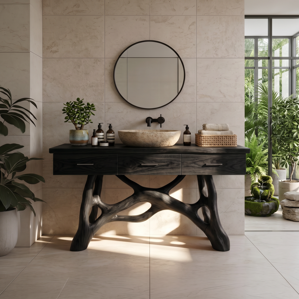 Natural Wood Sink Vanity with Drawers, Handcrafted Solid Wood Master Bathroom Storage Cabinet Console