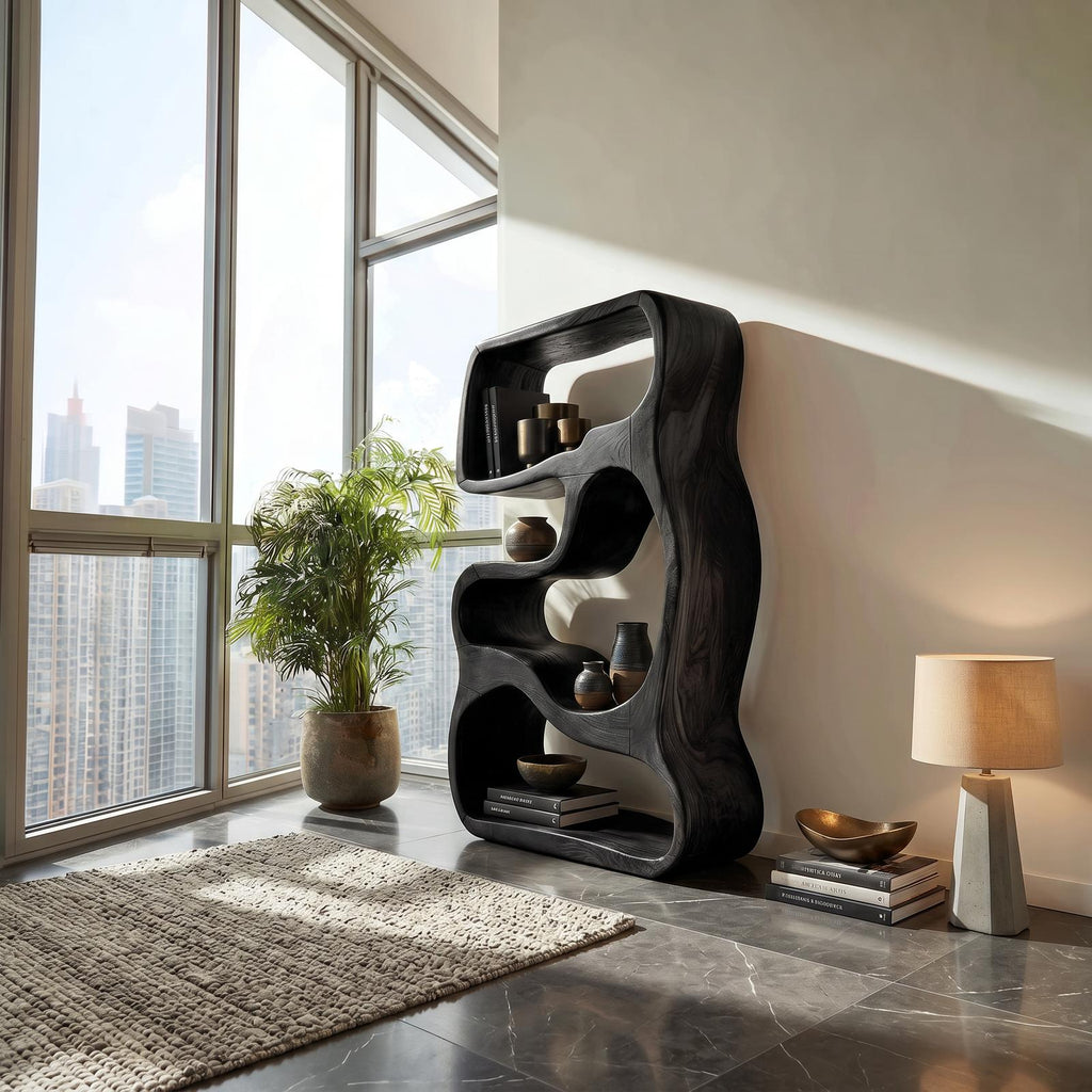 Minimalist Wooden Bookshelf Featuring Curved Side Panels