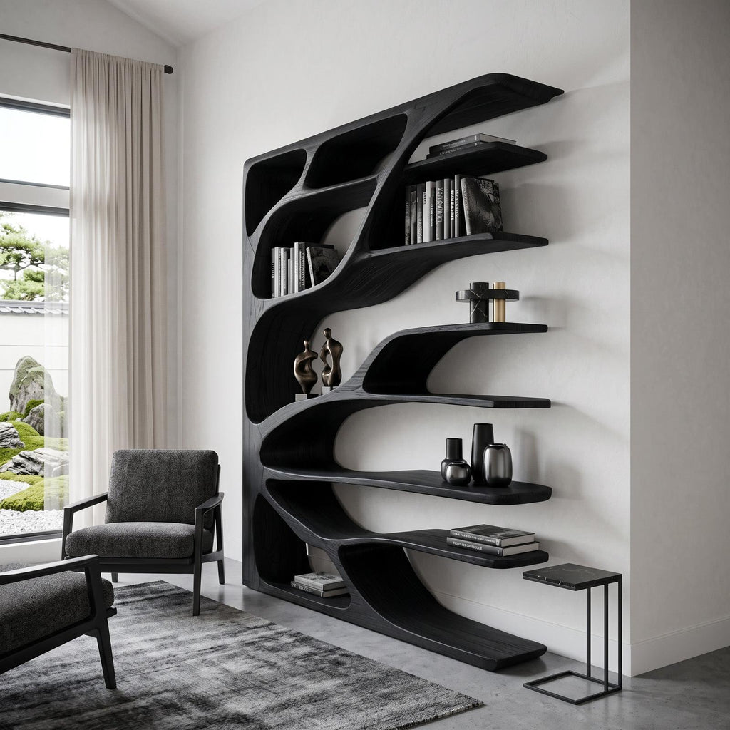 Modern Statement Bookshelf, Handcrafted Wood Bookcase & Sculptural Display Shelving Unit for Living Room Decor