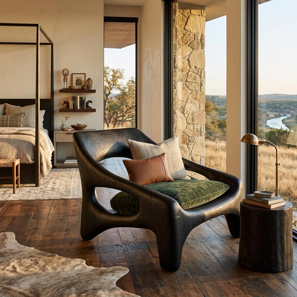 Contemporary Sculptural Wooden Chair, Handcrafted Solid Wood Outdoor Patio & Front Porch Accent Armchair