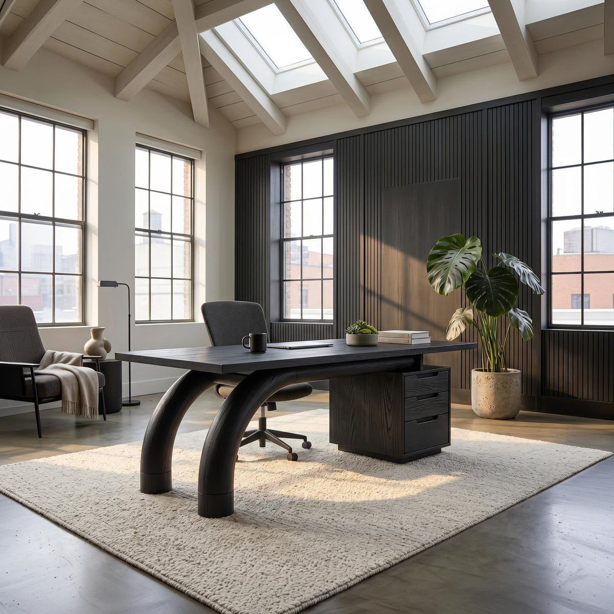 Modern Curved Solid Wood Office Desk with Open Shelf Storage, Handcrafted Laptop Computer Desk, Study Writing Table