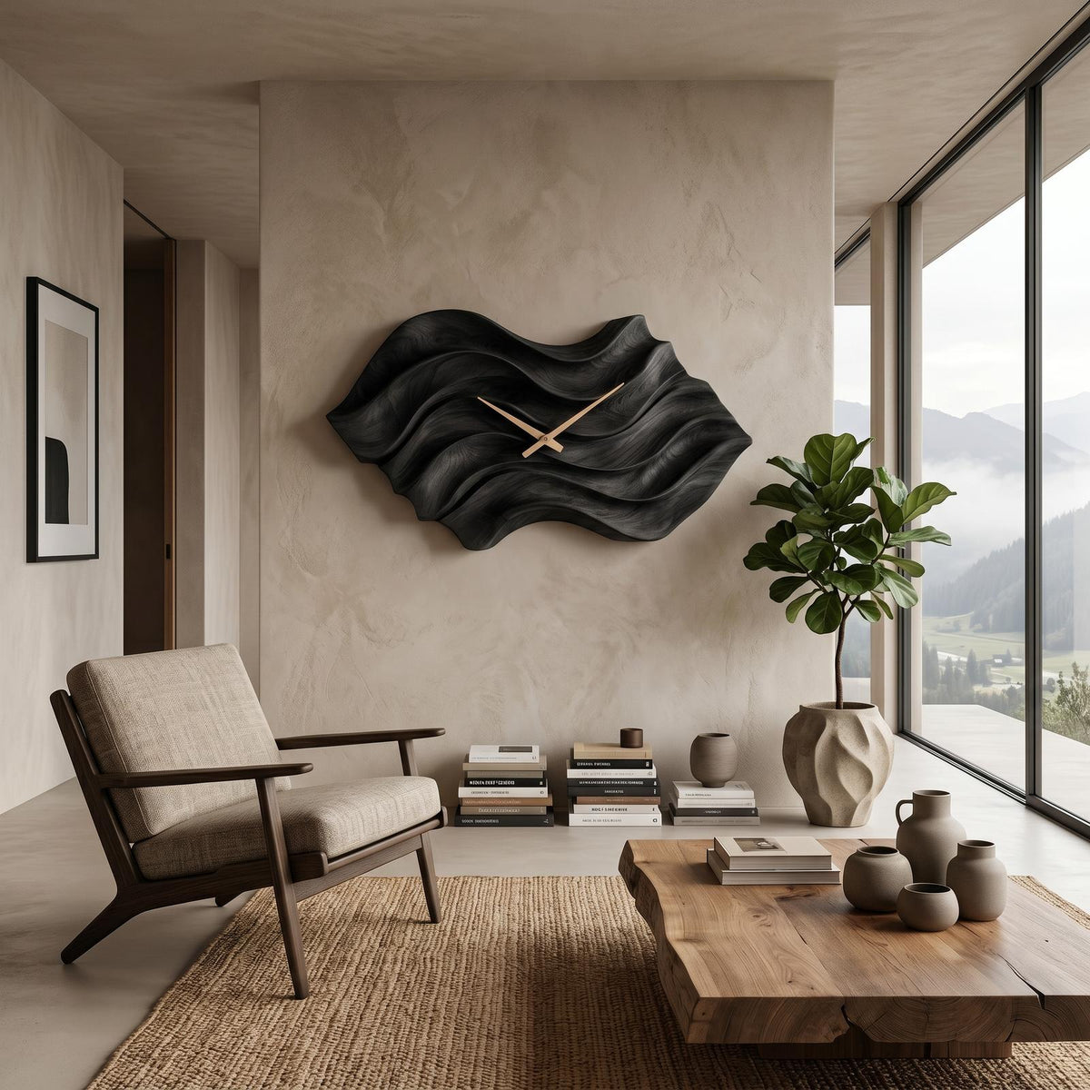 Modern Wooden Wall Clock, Organic Wavy Shape Solid Wood Quiet Timepiece for Bedroom Office Decor