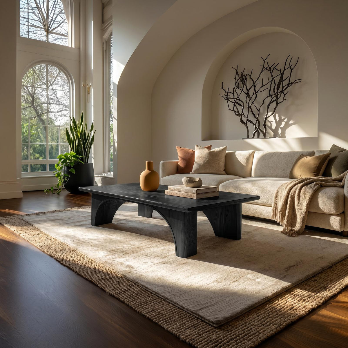 Arched Wood Coffee Table, Mid-Century Modern Curved Base Center Table for Garden Room and Living Room, Solid Wood