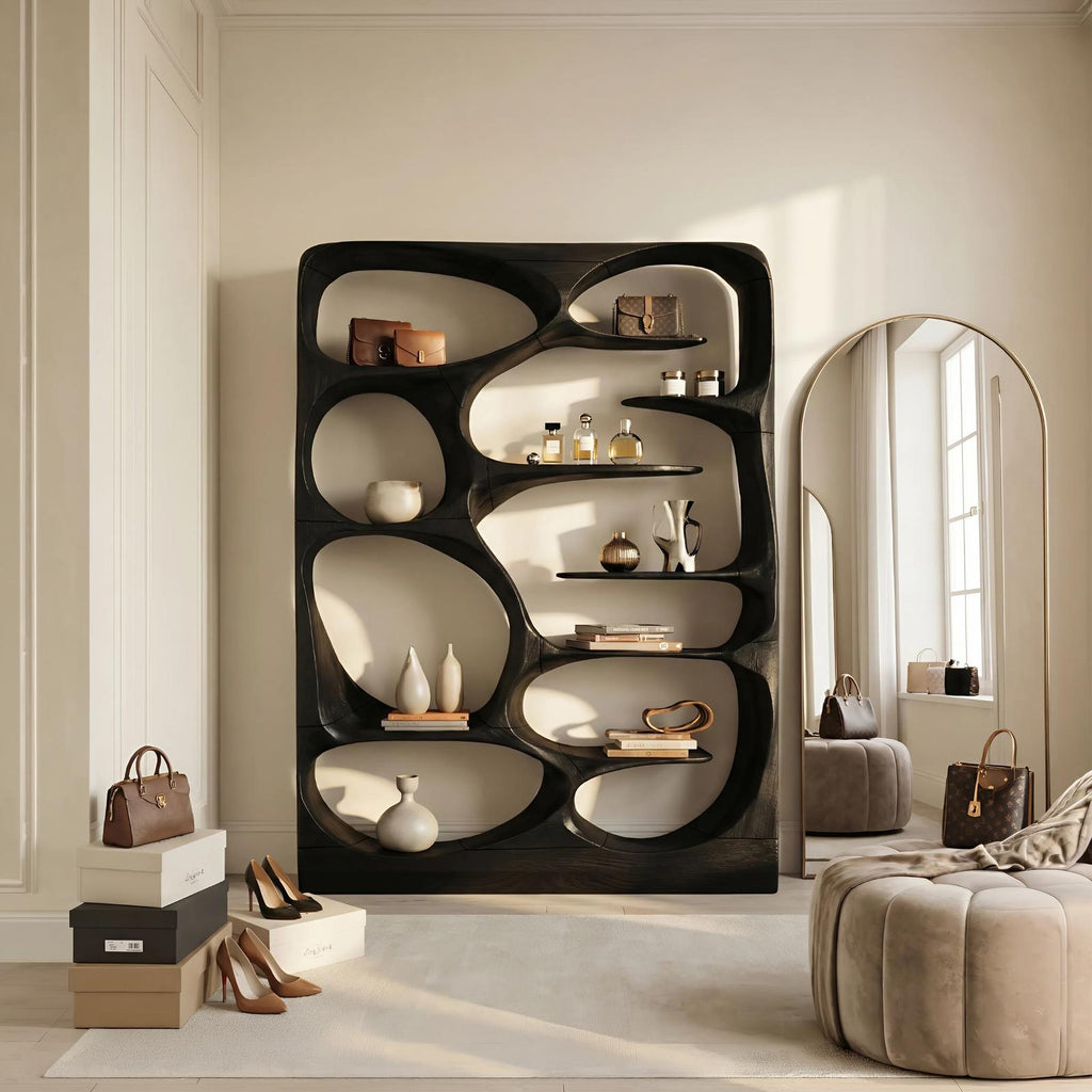 Modern Sculptural Wood Bookshelf, Handcrafted Artistic Storage Organizer Display Case Cabinet for Living Room