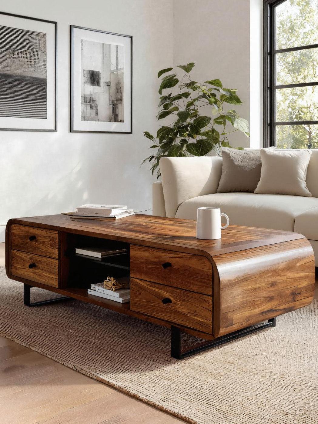 Contemporary Wooden Coffee Table with Drawer & Open Shelf, Handcrafted Living Room Storage Center Table, Model