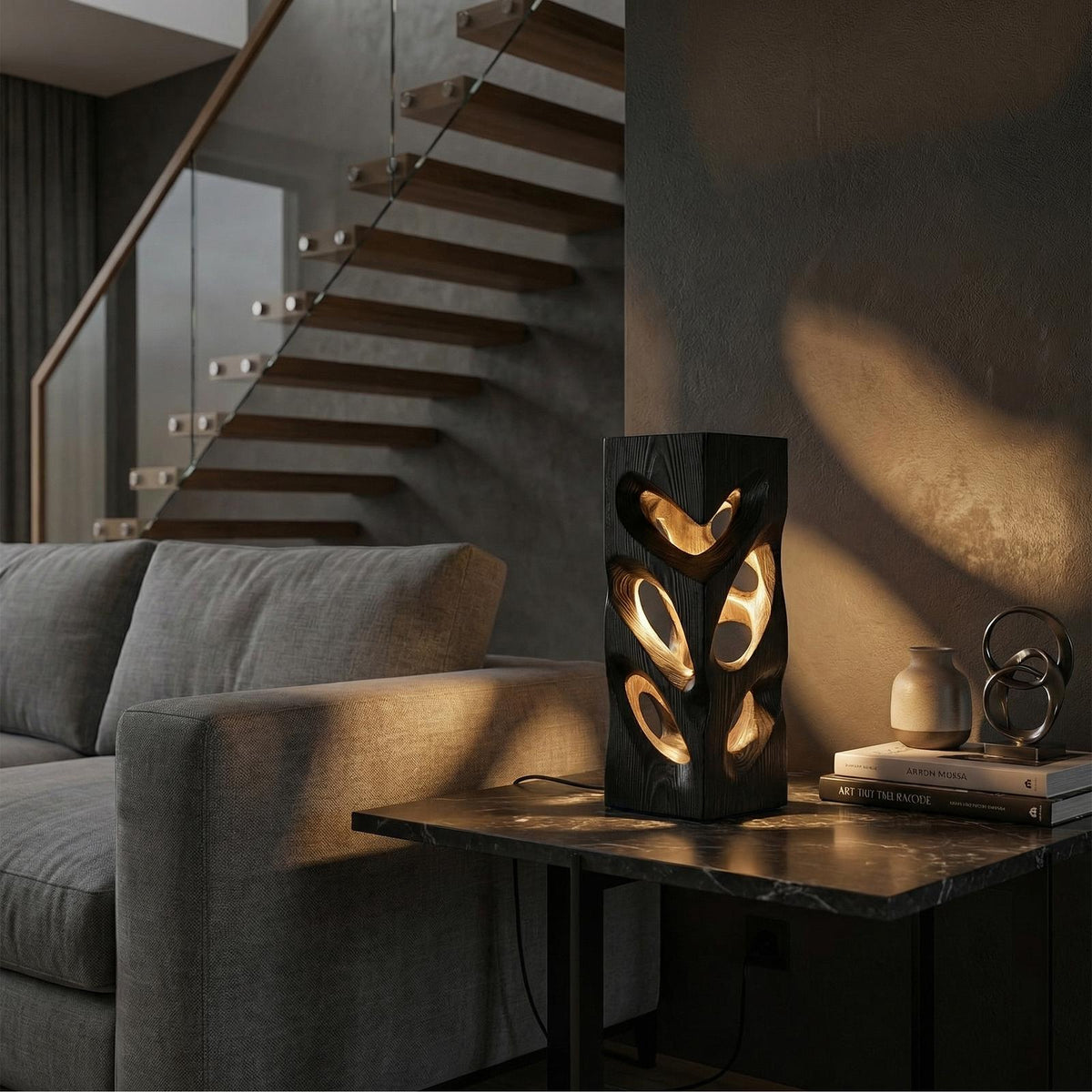 Spry Interior Minimalist Artistic Wood Table Lamp, Modern Geometric Ambient Light for Living Room, Bedroom & Studio Corner, SILDTTRLAM018