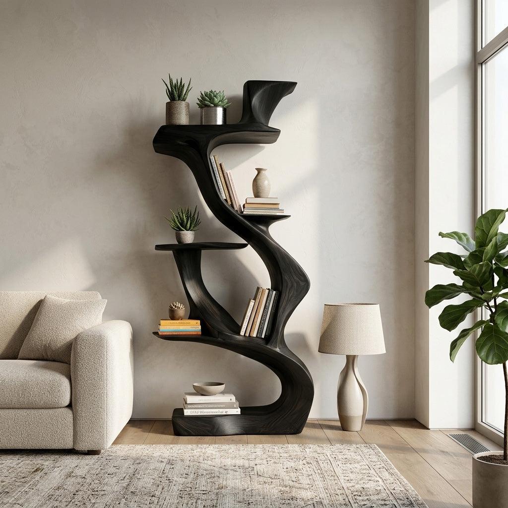 Sculptural Natural Wood Bookshelf, Handcrafted Solid Wood Standing Bookcase for Luxury Living Room & Home Decor