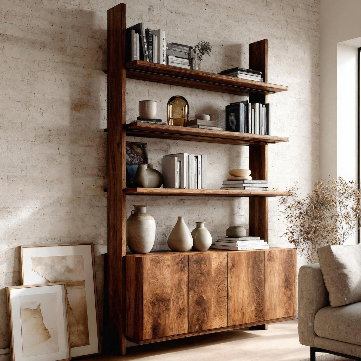 Modern Wood Bookshelf with Open Storage Shelves & Drawers, Handcrafted Bookcase for Living Room & Office