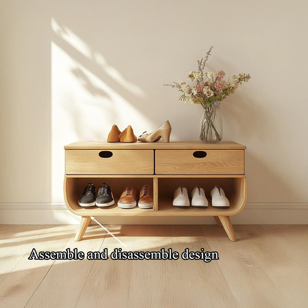 Mid Century Modern Organic Shoe Cabinet, Solid Wood Entryway Storage Organizer Bench for Hallway, Living Room