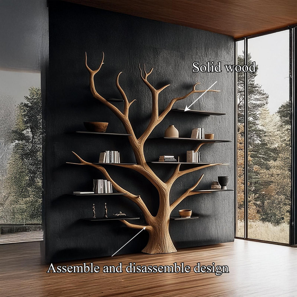 Rustic Artistic Tree Bookshelf, Solid Wood Wall Mounted Bookcase & Decorative Shelving Unit for Home Library & Living Room