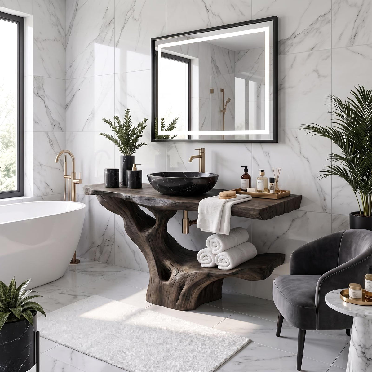 Spry Interior Modern Solid Wood Bathroom Vanity, Organic Live Edge Floating Single Sink Cabinet & Washbasin Console Shelf, SILDTTRBRV121