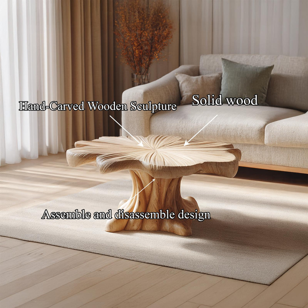 Sculptural Organic Solid Wood Coffee Table Artistic Centerpiece Contemporary Living Room Interior