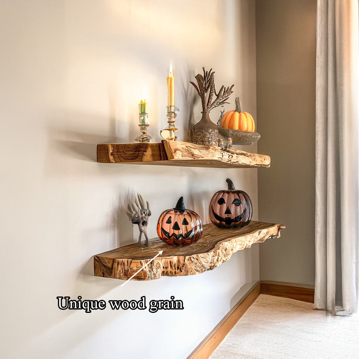 Rustic Floating Shelf, Wooden Tree Branch Wall Mounted Shelf, Spooky Gothic Living Room Wall Storage Display