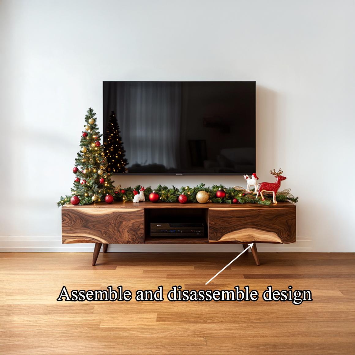 Mid-Century Wooden TV Cabinet, Modern Low Profile Media Console, Solid Timber Television Credenza for Living Room