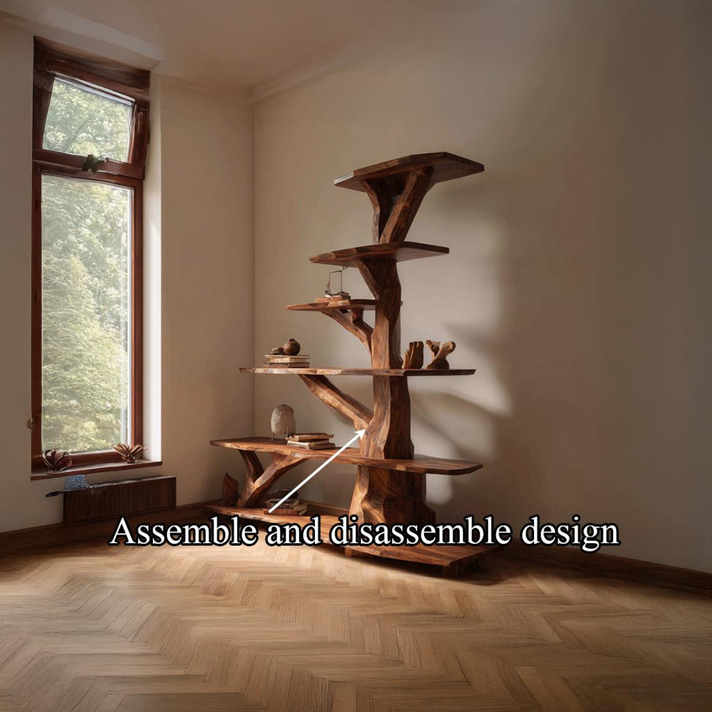 Rustic Free Standing Tree Bookshelf, Solid Wood Modern Floor Bookcase & Creative Storage Organizer for Living Room, Bedroom