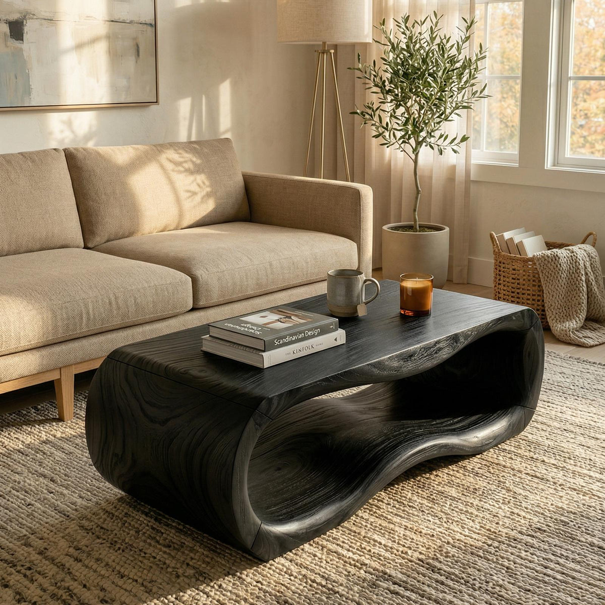 Luxury Sculptural Wood Coffee Table, Solid Wood Contemporary Accent Center Table for Designer Villa and Living Room
