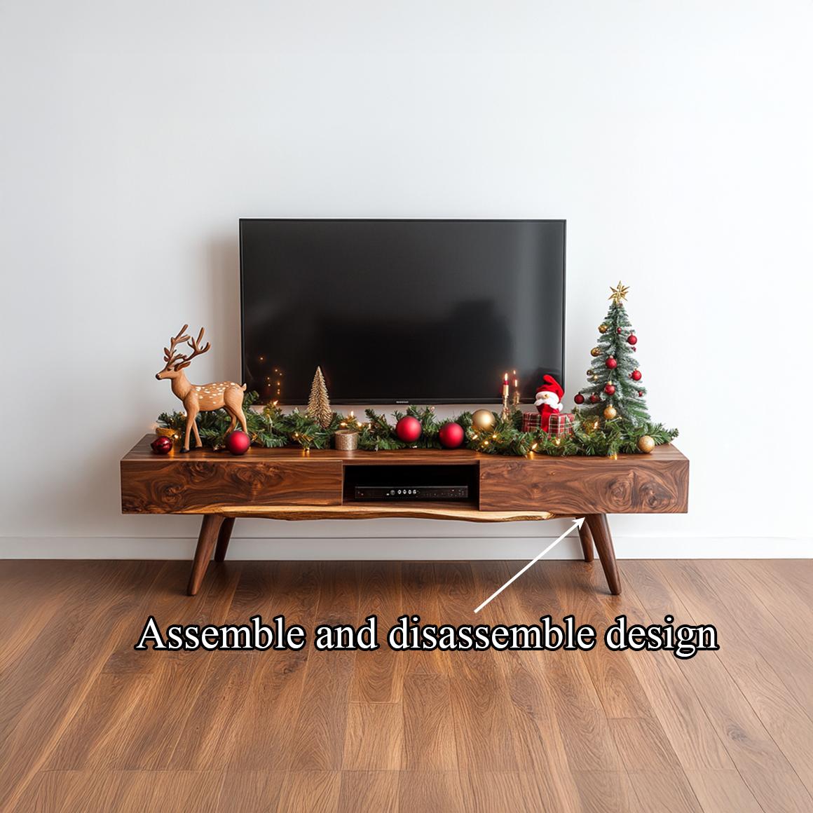 Mid-Century Wooden TV Cabinet, Modern Solid Timber Media Console Shelf, Low Profile Living Room Entertainment Center