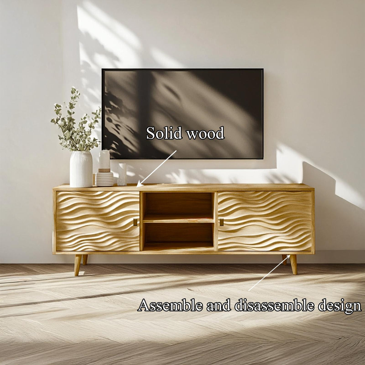 Scandinavian Natural Oak Wood TV Stand, Minimalist Mid Century Media Entertainment Console Cabinet, Model