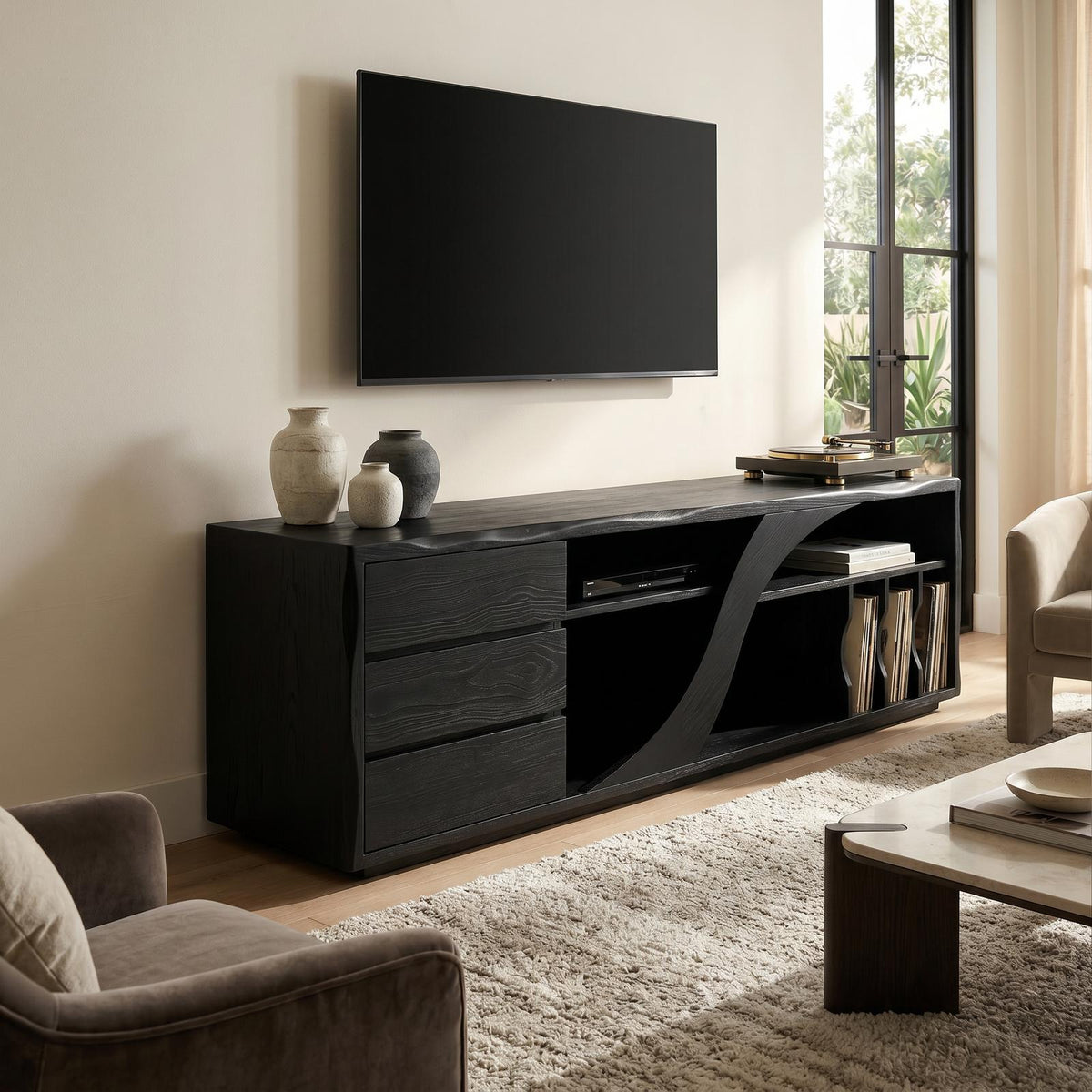 Sculptural Walnut TV Stand Modern Minimalist Interior