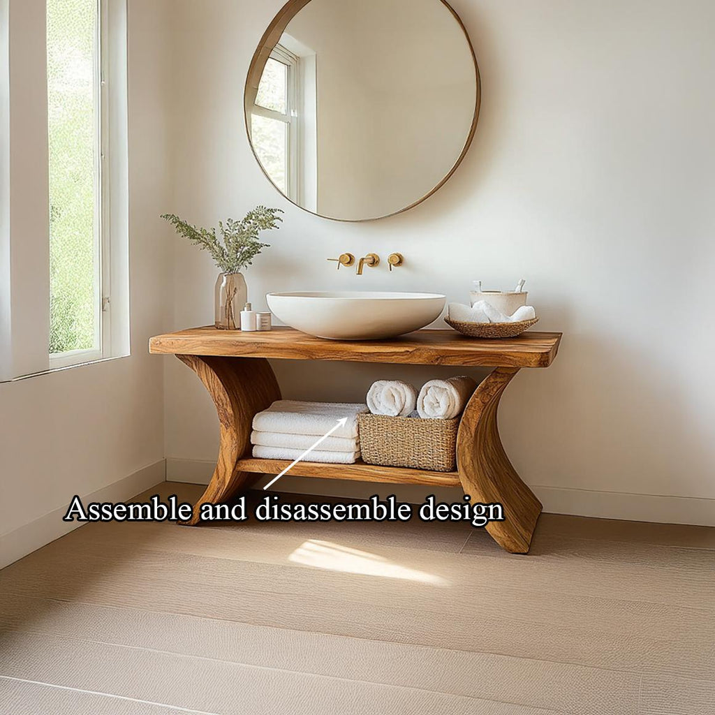 Spry Interior Rustic Wood Bathroom Vanity Table, Handcrafted Solid Wood Single Washstand Countertop, Farmhouse Bath Console Stand SINLSABRV200