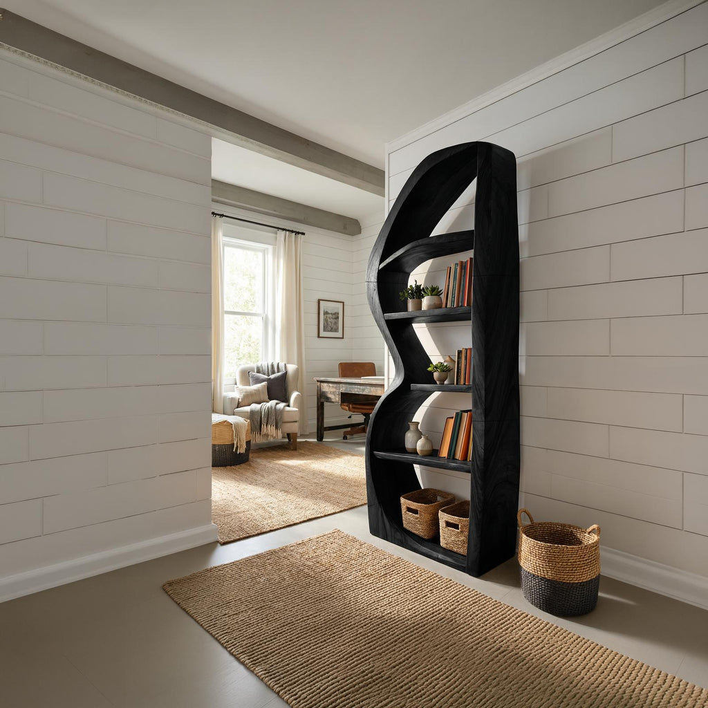 Mid-Century Modern Bookshelf, Unique Wooden Bookcase & Decorative Storage Shelves for Living Room