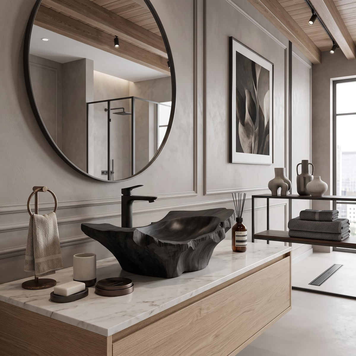 Rustic Wooden Vessel Sink For Nature-Inspired Bathroom