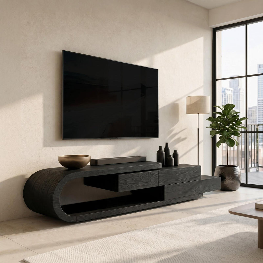 Contemporary Rounded TV Console With 2 Tiers For Living Room