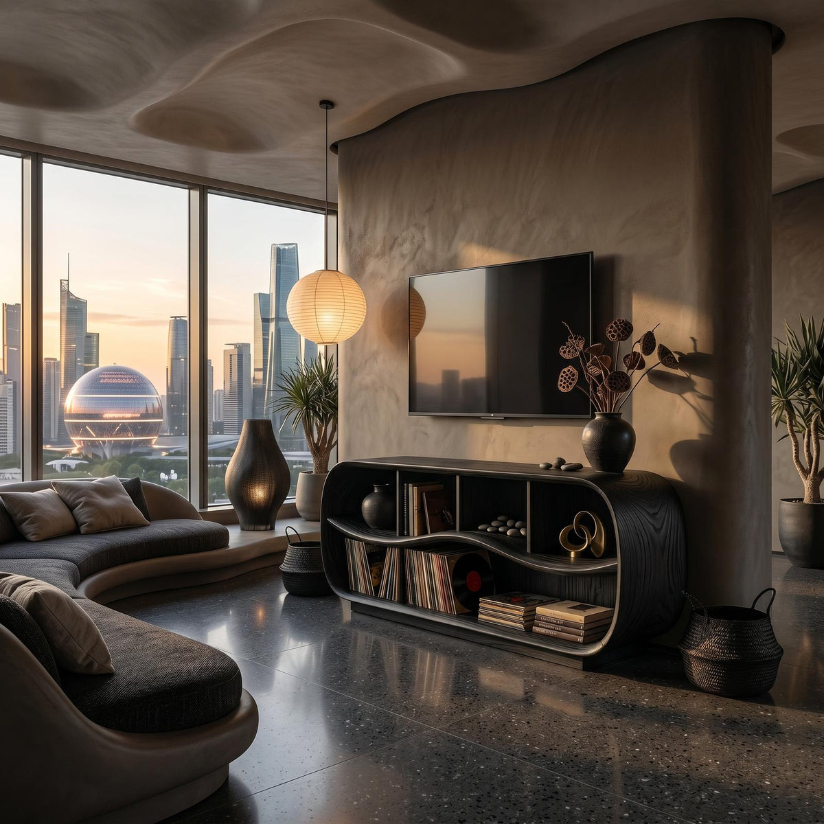 Contemporary Rounded TV Console, Modern Wooden Media Cabinet & Living Room Sideboard