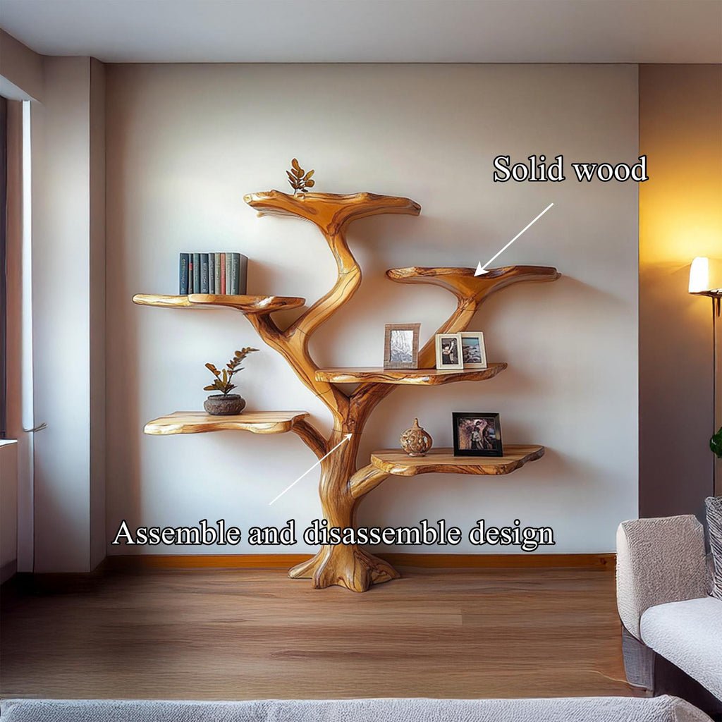 Rustic Mushroom Tree Bookshelf, Solid Wood Wall Hanging Bookcase & Artistic Display Unit for Living Room & Bedroom Decor