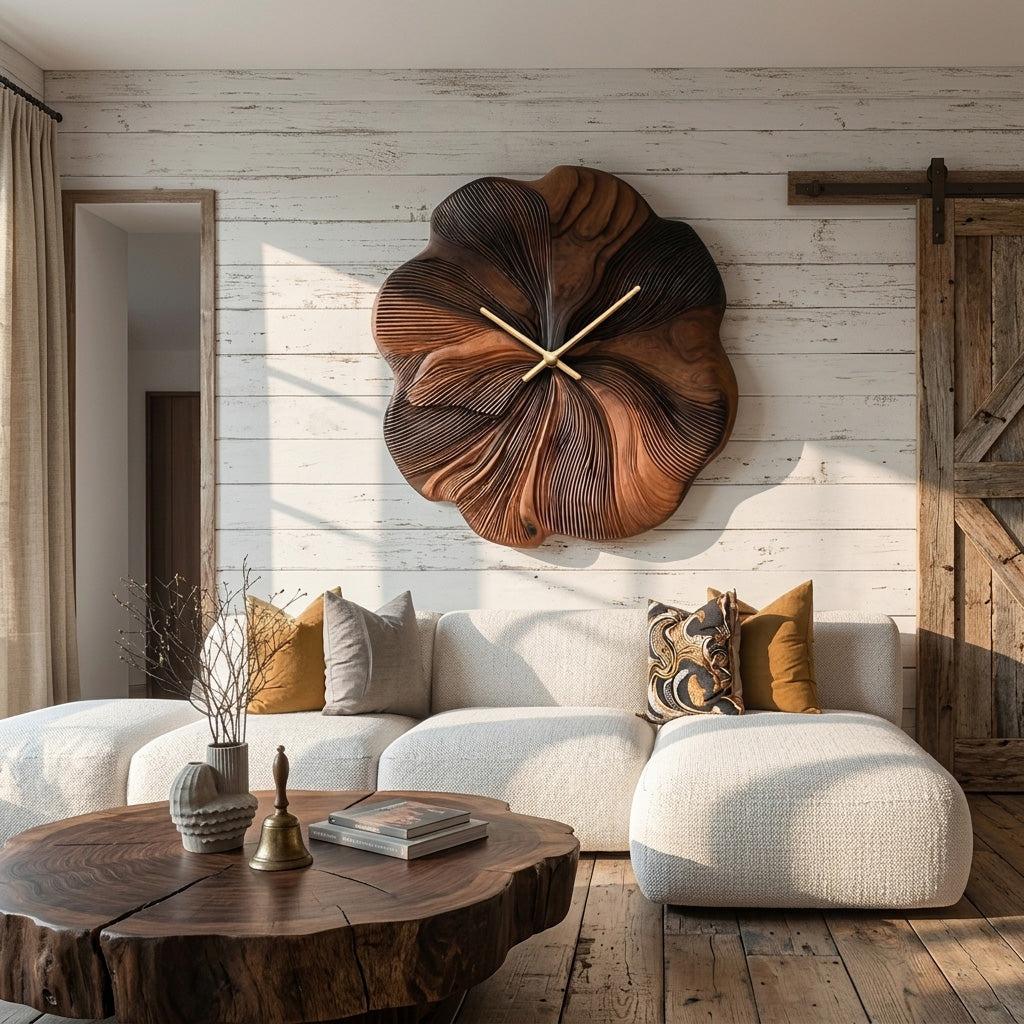 Contemporary Floral Wooden Wall Clock, Handcrafted Flower Shape Solid Wood Timepiece for Living Room