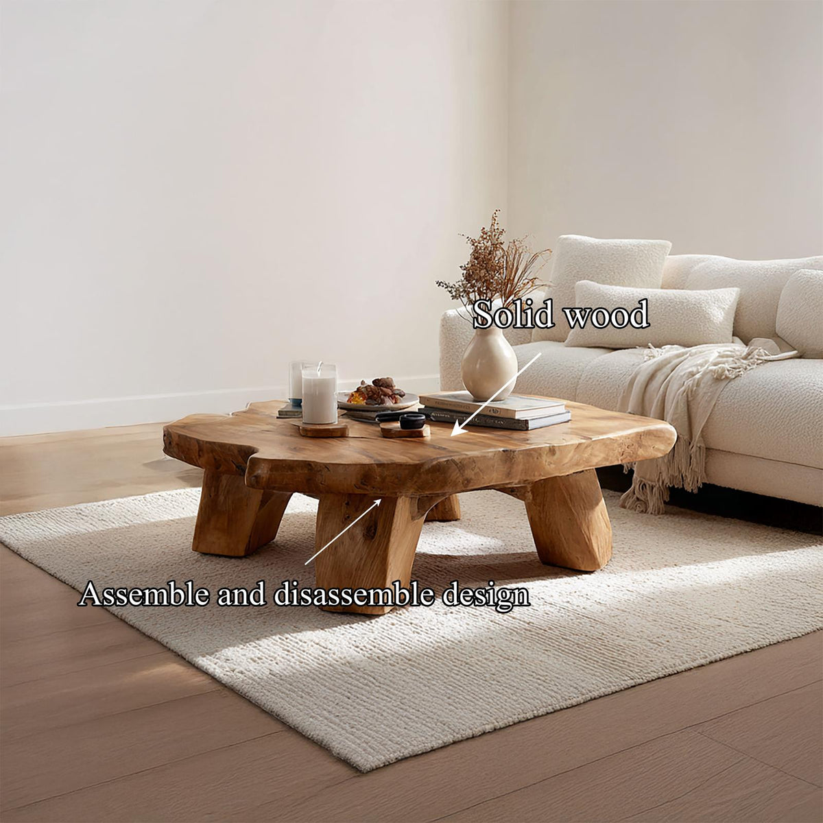 Handcrafted Mediterranean Solid Wood Coffee Table, Rustic Organic Center Table for Cozy Living Room Interiors