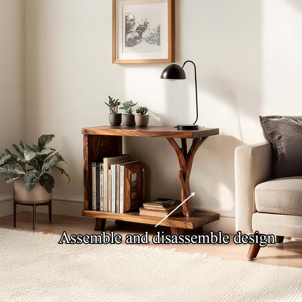 Free Standing Rustic Wood Side Table, Solid Accent End Table for Guest Room Nightstand, Handcrafted Natural Edge Wood