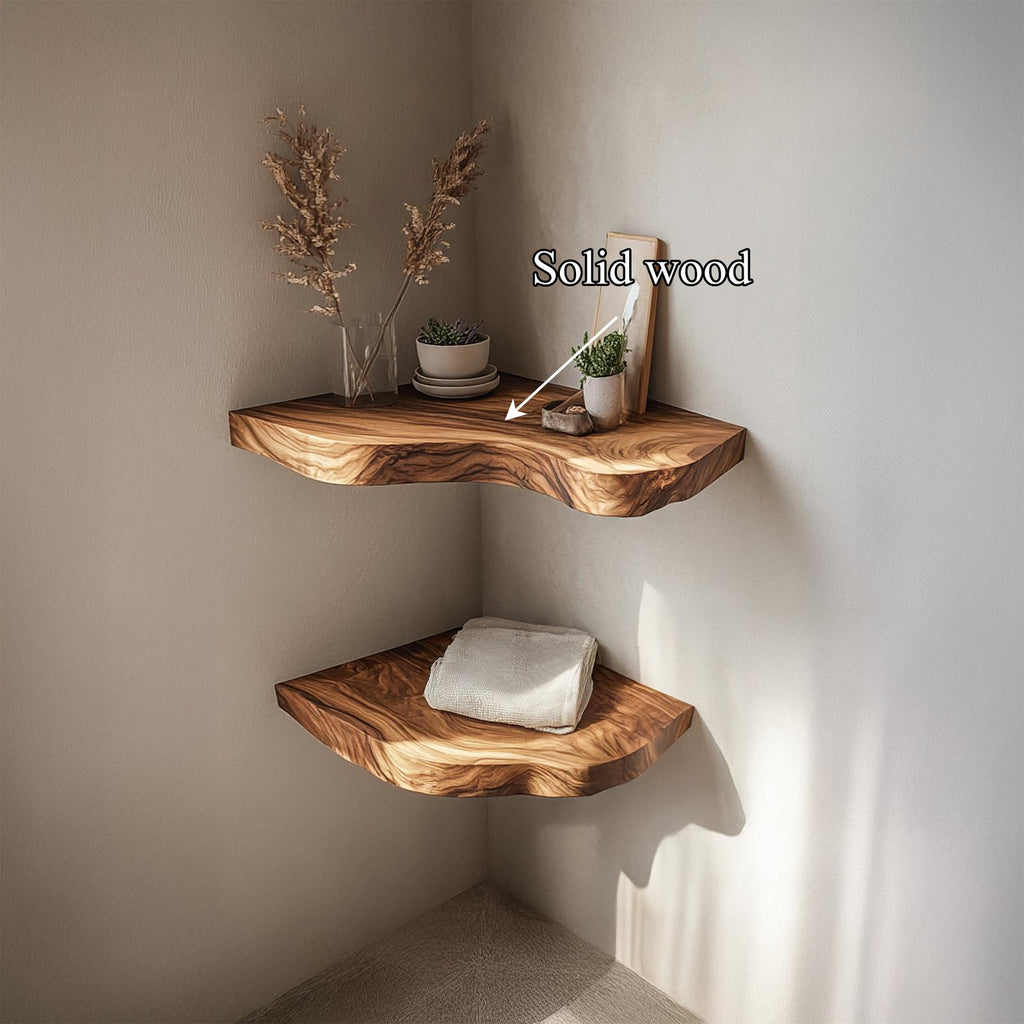 Rustic Live Edge Corner Floating Shelves Solid Wood Living Room Interior Display
