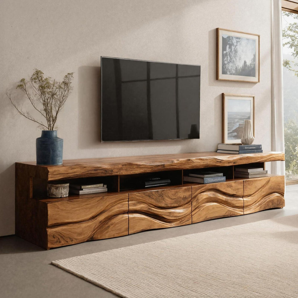 Modern Wave Carved Wood TV Stand For Living Room