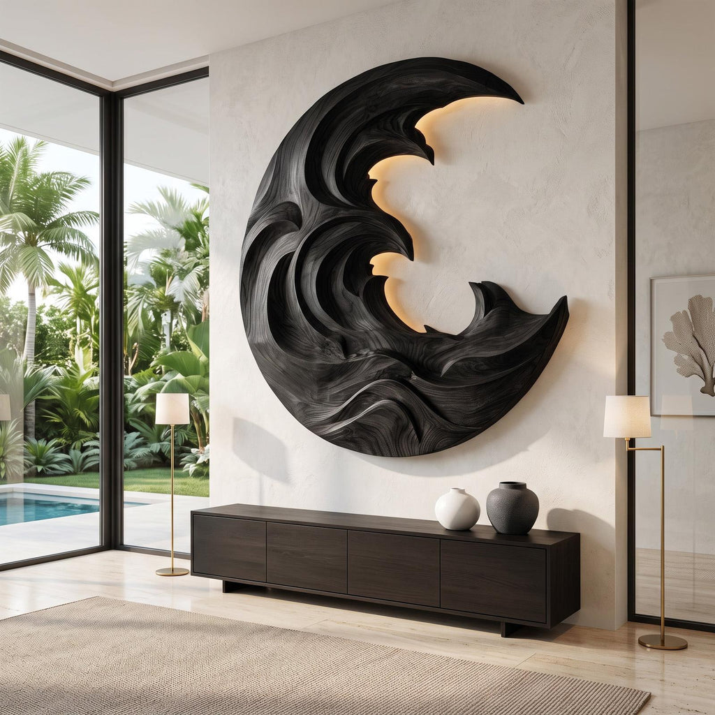 Organic Modern Wood Wave Wall Art, 3D Fluid Hand-Carved Coastal Wood Sculpture Panel for Living Room Decor