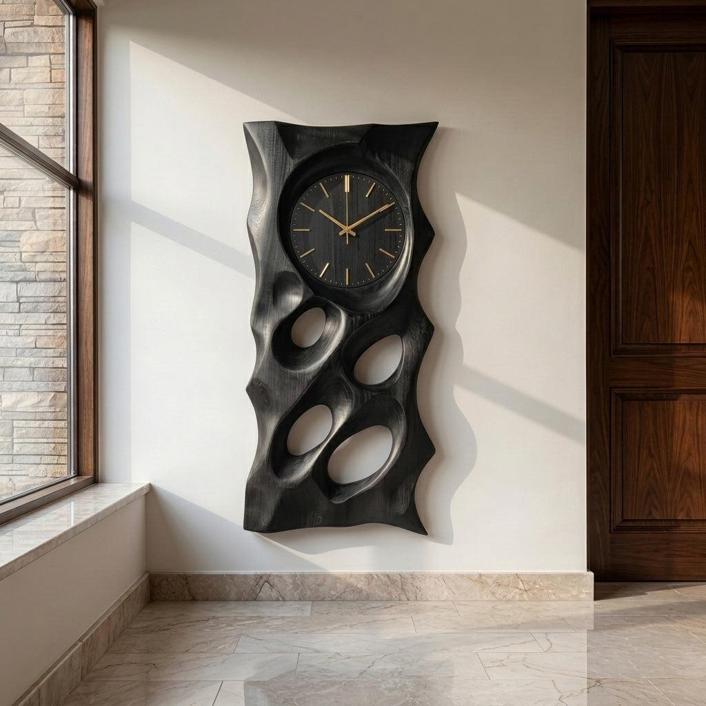 Modern Organic Wooden Wall Clock, 3D Hand-Carved Hollow Wood Hanging Clock for Living Room & Home Office Decor