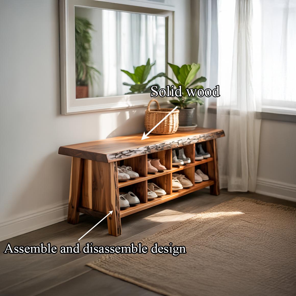 Rustic Live Edge Wood Shoe Bench, Handcrafted Slab Entryway Shoe Storage Organizer for Hallway & Mudroom