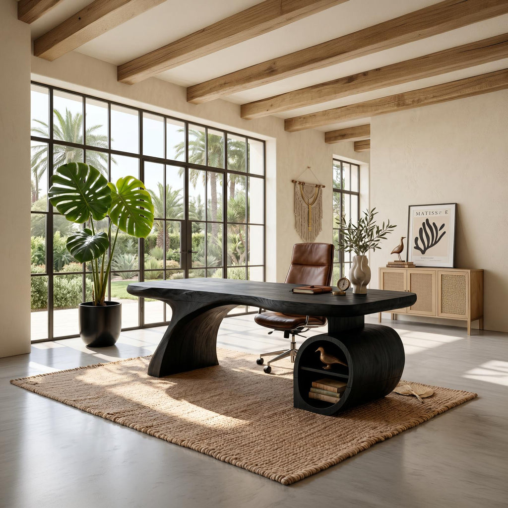 Modern Sculpted Wood Office Desk with Open Shelving Storage, Handcrafted Solid Wood Computer Desk, Writing Table