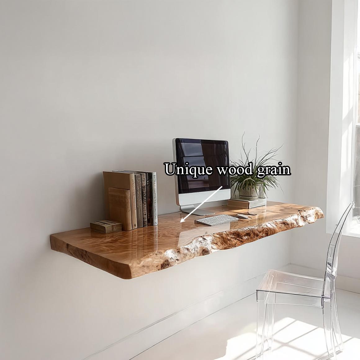 Rustic Live Edge Wall Mounted Wood Desk, Space Saving Floating Laptop Workbench for Home Office, Bedroom, Living Room