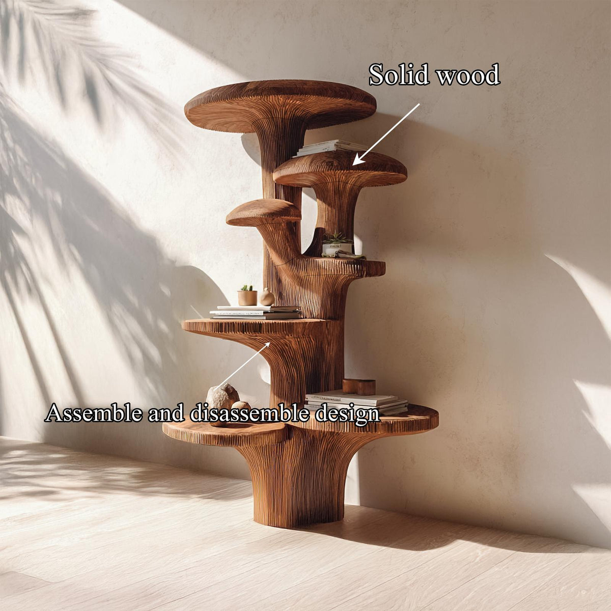 Nature Mushroom Inspired Wood Tree Accent Shelf, Handcrafted Floating Branch Wall Display for Living Room Gallery