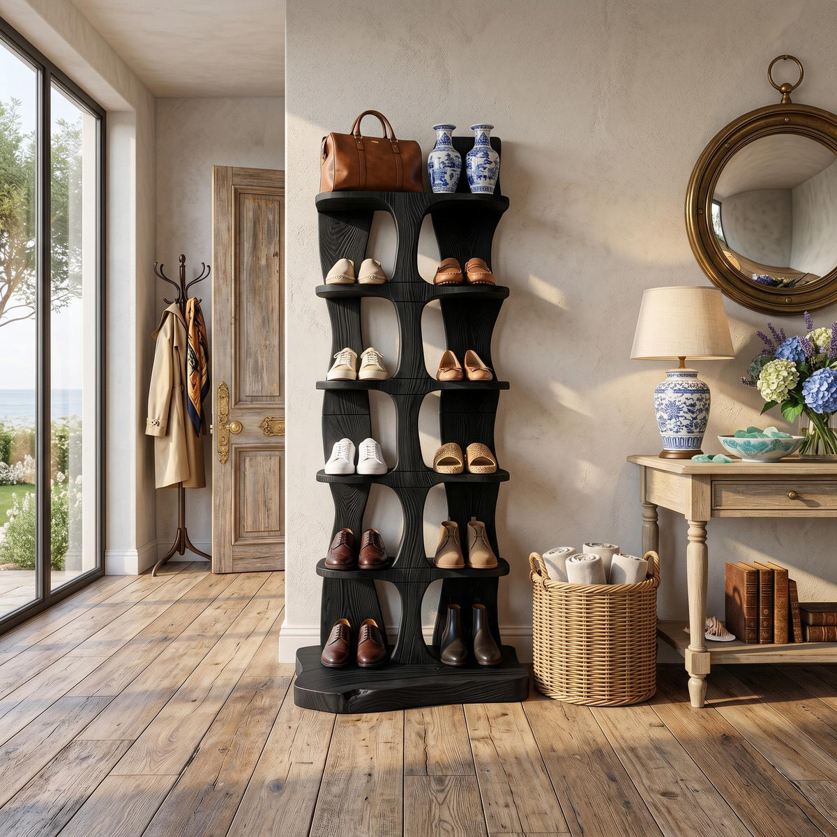Mid-Century Tall Shoe Storage Rack, Wooden Multi-Tier Shoe Organizer Tower for Foyer & Entryway