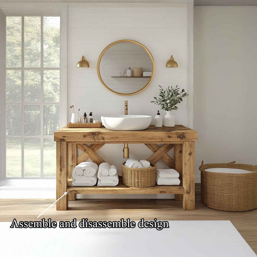 Spry Interior Rustic Bathroom Vanity Table, Natural Solid Wood Single Sink Washstand, Country Farmhouse Style Bathroom Cabinet SINLSABRV201