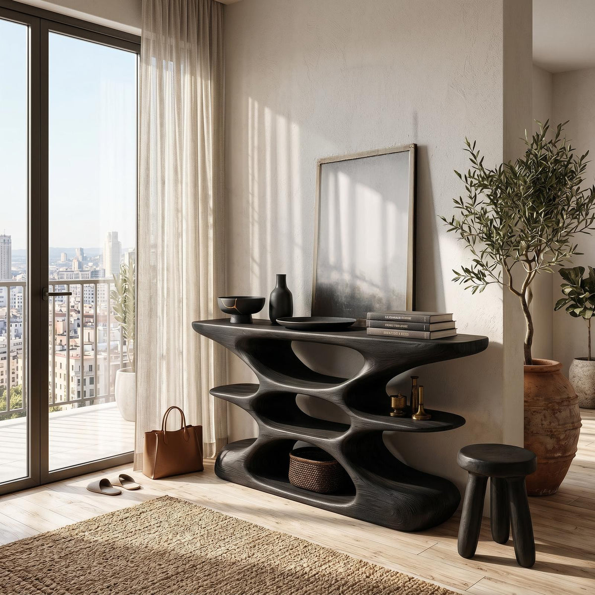 Contemporary Sculptural Wood Console Table With Cutout Shelves For Living RTTHTTCS026