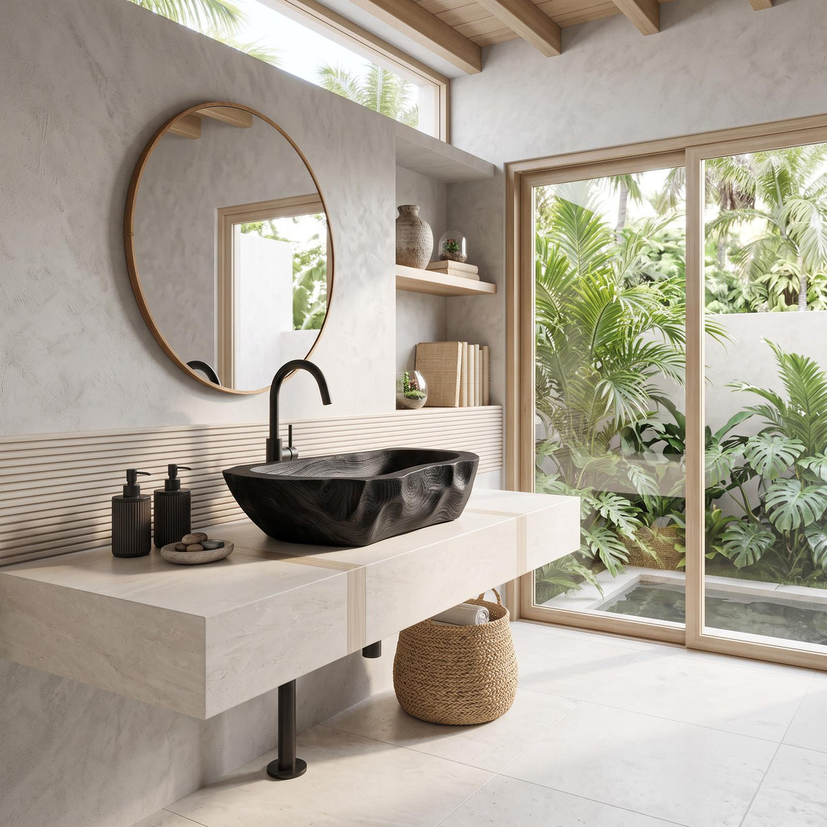 Mid Century Solid Wood Vessel Sink, Handcrafted Natural Live Edge Wooden Wash Basin for Modern Bathroom Vanity Makeover