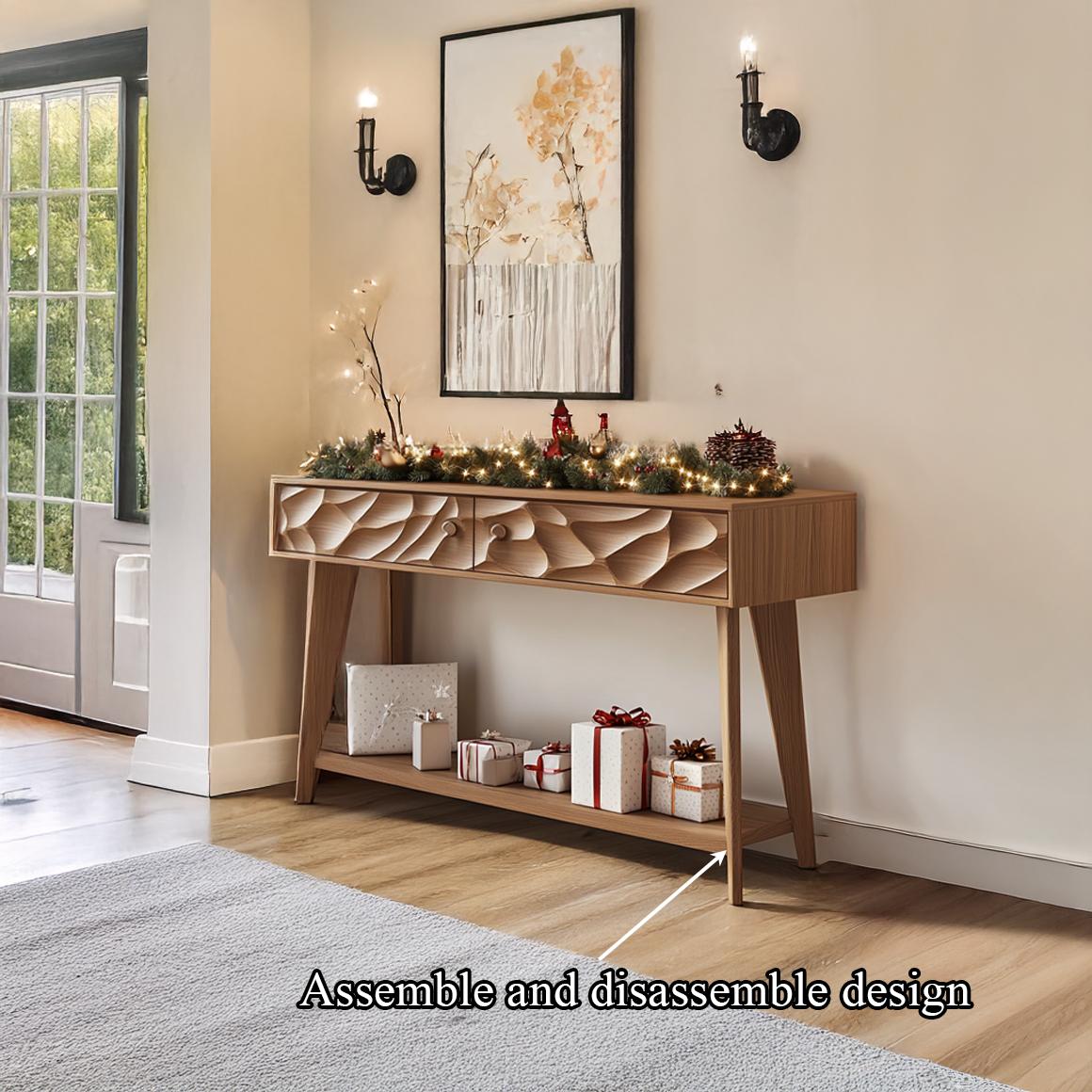 Mid Century Modern Carved Console Table, Solid Wood Handcrafted Entryway Table, Living Room Foyer Decor