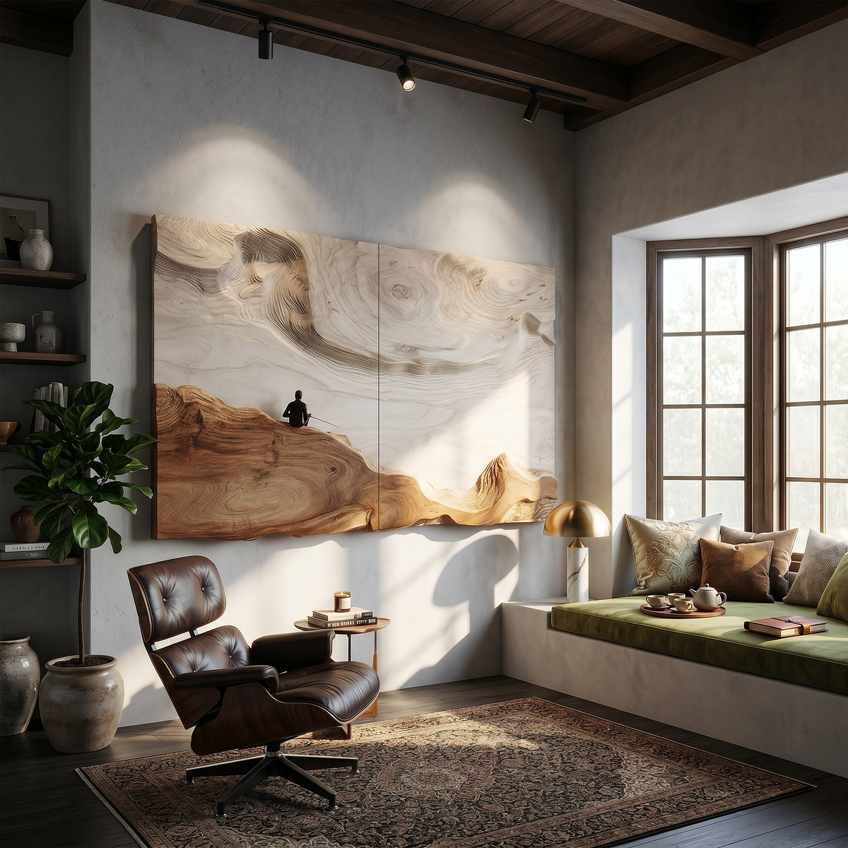 Contemporary Landscape Wood Wall Art, Elegant Organic Wooden Mountain Decor for Minimalist Bedroom & Office
