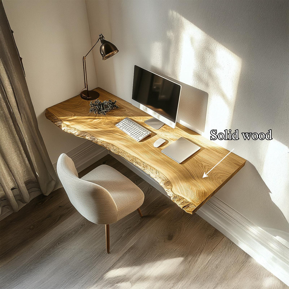 Rustic Organic Wall Mounted Work Desk Solid Wood Home Office Interior Natural Workspace