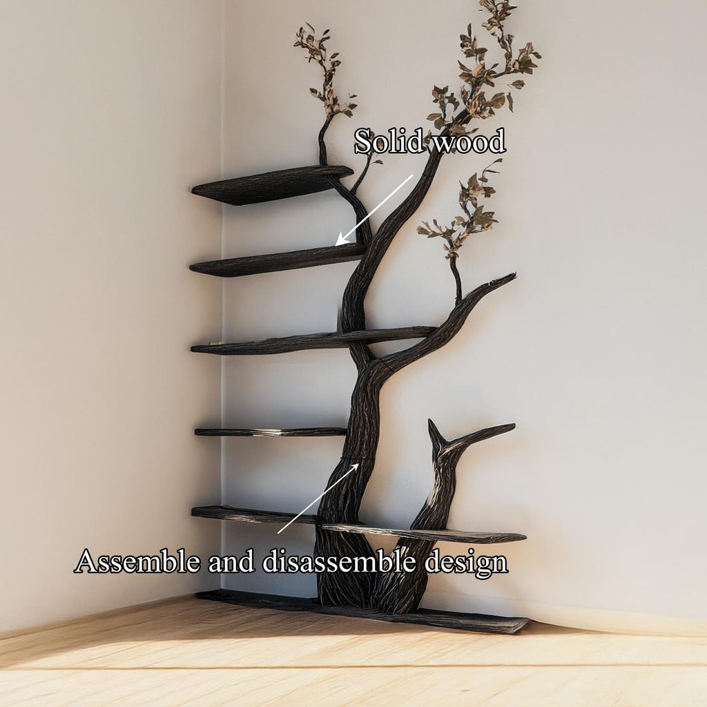 Rustic Modern Tree Bookshelf, Free Standing Solid Wood Bookcase Storage Organizer, Creative Living Room Display Rack